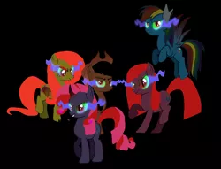 Size: 1686x1285 | Tagged: safe, artist:rainbow dash is best pony, artist:tzolkine, derpibooru import, applejack, fluttershy, pinkie pie, rainbow dash, rarity, earth pony, pegasus, pony, unicorn, elements of insanity, applepills, black background, colored horn, curved horn, dark magic, fluttershout, flying, horn, magic, pinkis cupcake, rainbine, rarifruit, simple background, sombra eyes, sombra's horn, straight mane