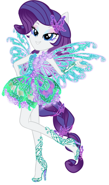 Size: 1450x2450 | Tagged: safe, artist:gihhbloonde, derpibooru import, rarity, fairy, human, equestria girls, aisha, blue wings, butterflix, clothes, crossover, dress, fairy wings, fairyized, female, high heels, humanized, layla, ponied up, pony ears, rainbow s.r.l, shoes, simple background, smiling, solo, transparent background, winged humanization, wings, winx club