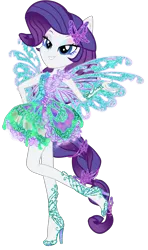 Size: 1450x2450 | Tagged: safe, artist:gihhbloonde, derpibooru import, rarity, fairy, human, equestria girls, aisha, blue wings, butterflix, clothes, crossover, dress, fairy wings, fairyized, female, high heels, humanized, layla, ponied up, pony ears, rainbow s.r.l, shoes, simple background, smiling, solo, transparent background, winged humanization, wings, winx club