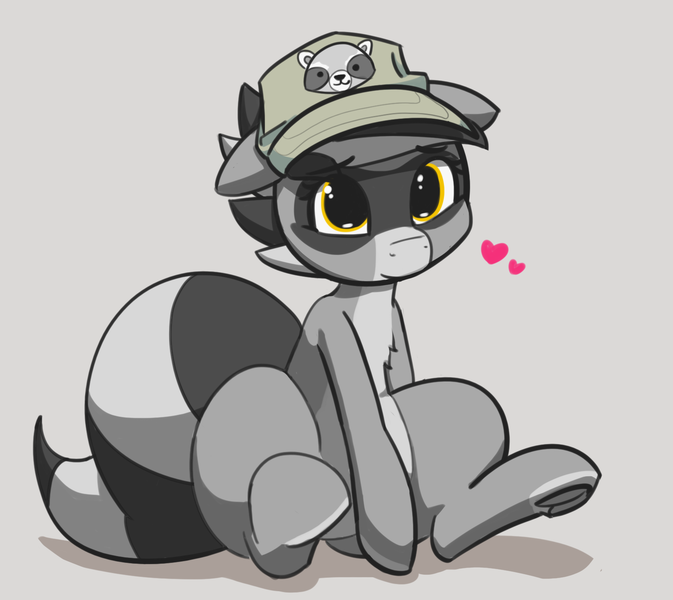 Size: 1595x1421 | Tagged: safe, artist:pabbley, derpibooru import, oc, oc:bandy cyoot, hybrid, pony, raccoon, raccoon pony, hat, heart, regular show, rigby, solo, striped tail, underhoof, wide hips