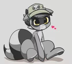 Size: 1595x1421 | Tagged: safe, artist:pabbley, derpibooru import, oc, oc:bandy cyoot, hybrid, pony, raccoon, raccoon pony, hat, heart, regular show, rigby, solo, striped tail, underhoof, wide hips