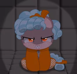 Size: 2000x1900 | Tagged: safe, artist:spellboundcanvas, derpibooru import, cozy glow, pony, adoracreepy, clothes, cozybetes, creepy, cute, evil grin, footed sleeper, grin, looking at you, padded cell, prison, prison outfit, prisoner, sharp teeth, smiling, solo, teeth