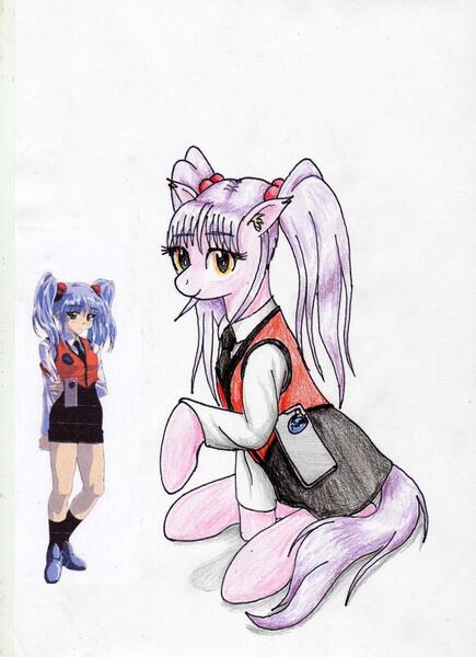 Size: 2508x3461 | Tagged: safe, artist:40kponyguy, derpibooru import, ponified, human, pony, anime, clothes, crossover, ear fluff, looking at you, martian successor nadesico, miniskirt, pigtails, raised hoof, ruri hoshino, shoes, simple background, skirt, socks, solo, traditional art, twintails, white background