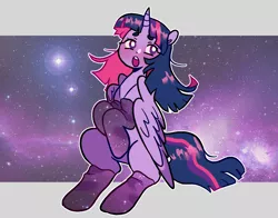 Size: 1040x814 | Tagged: safe, artist:milky-rabbit, derpibooru import, twilight sparkle, twilight sparkle (alicorn), alicorn, pony, :o, beanbrows, clothes, cute, eyebrows, female, galaxy, mare, open mouth, socks, solo, space, twiabetes