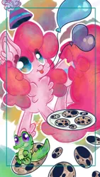 Size: 720x1280 | Tagged: safe, artist:cabyunimita, derpibooru import, gummy, pinkie pie, pony, :p, balloon, chest fluff, cookie, cute, diapinkes, ear fluff, food, hat, leg fluff, party hat, signature, silly, solo, tongue out