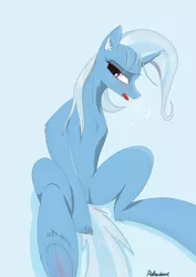 Size: 1440x2039 | Tagged: suggestive, artist:rafhedecat, derpibooru import, trixie, pony, unicorn, female, open mouth, simple background, sitting, solo