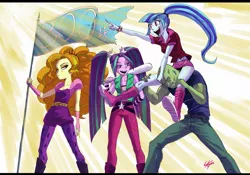 Size: 2059x1440 | Tagged: safe, artist:paradoxbroken, derpibooru import, adagio dazzle, aria blaze, sonata dusk, oc, oc:anon, equestria girls, rainbow rocks, belt, boots, bracelet, clothes, crepuscular rays, cutie mark, cutie mark on clothes, denim, ear piercing, earring, eyelashes, eyeshadow, female, fingerless gloves, flag, gloves, hair tie, headband, jeans, jewelry, kneesocks, leggings, legs, lidded eyes, long socks, looking sideways, makeup, male, midriff, miniskirt, open mouth, pants, piercing, pigtails, pointing, ponytail, poofy shoulders, pouting, rolled up sleeves, shirt, shoes, simple background, sitting on person, skirt, skirt lift, smiling, socks, spiked wristband, standing, the dazzlings, tight clothing, twintails, wristband