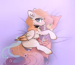 Size: 2333x2035 | Tagged: safe, artist:reterica, derpibooru import, roseluck, oc, earth pony, pegasus, pony, bed, bell, bell collar, blue eyes, blushing, body pillow, chest fluff, collar, commission, cute, digital art, duo, ear fluff, female, flower, flower in hair, fluffy, long hair, long tail, lying, lying down, mare, ribbon, solo