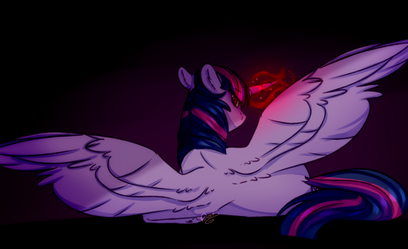Size: 2028x1242 | Tagged: safe, artist:dreamcatcher-doodles, derpibooru import, twilight sparkle, twilight sparkle (alicorn), alicorn, pony, equestria is doomed, evil twilight, glowing eyes, looking at you, looking back, looking back at you, red eyes, red magic, side, signature, simple background, solo, spread wings, wings