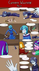 Size: 2000x3577 | Tagged: grimdark, artist:jake heritagu, derpibooru import, adagio dazzle, aria blaze, sonata dusk, oc, oc:throw away, comic:aria's archives, equestria girls, abuse, bad parenting, barefoot, blood, bowl, chair, clothes, comic, dialogue, feet, female, flashback, food, mushroom, offspring, parent:sonata dusk, sonata needs all of her ass kicked, speech bubble, table