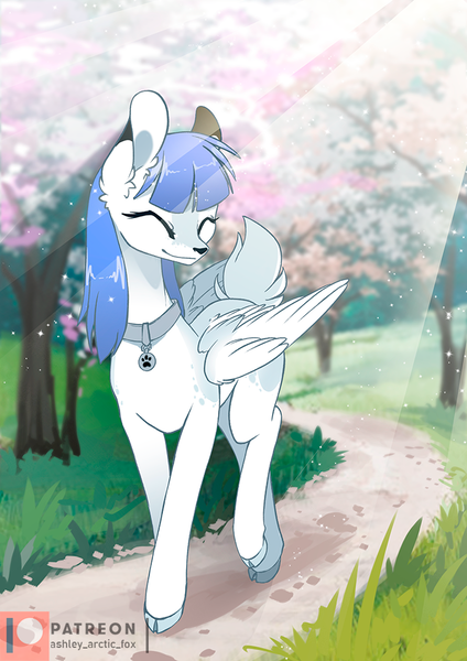 Size: 707x1000 | Tagged: artist:arctic-fox, cherry blossoms, collar, deer, deerified, deer pony, derpibooru import, flower, flower blossom, forest, happy, oc, oc:snow pup, original species, patreon, patreon logo, pegadeer, peryton, safe, smiling, trail, unofficial characters only, walking, wings
