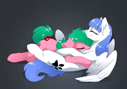 Size: 3500x2475 | Tagged: safe, artist:arctic-fox, derpibooru import, oc, oc:pine berry, oc:snow pup, unofficial characters only, earth pony, pegasus, pony, bow, chest fluff, cuddling, ear fluff, hug, lying down, patreon, patreon logo, paw prints, resting, sleeping, smiling, spread wings, tail bow, wings