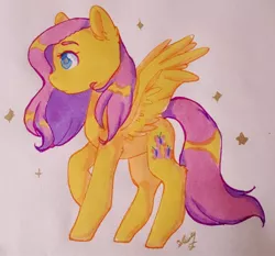 Size: 2308x2150 | Tagged: safe, artist:bluestarbubbles, artist:dreamcatcher, artist:dreamcatcher-doodles, derpibooru import, fluttershy, pegasus, pony, cutie mark, female, mare, profile, raised hoof, simple background, solo, spread wings, stars, traditional art, white background, wings