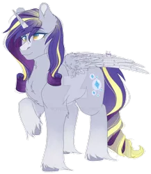Size: 1024x1179 | Tagged: safe, artist:keeharn, derpibooru import, derpy hooves, rarity, pony, chest fluff, commission, commissioner:bigonionbean, cross-eyed, cute, cutie mark fusion, deviantart watermark, ear fluff, eyebrows, eyelashes, feathering, female, fusion, mare, not an alicorn, obtrusive watermark, raised hoof, smiling, solo, watermark