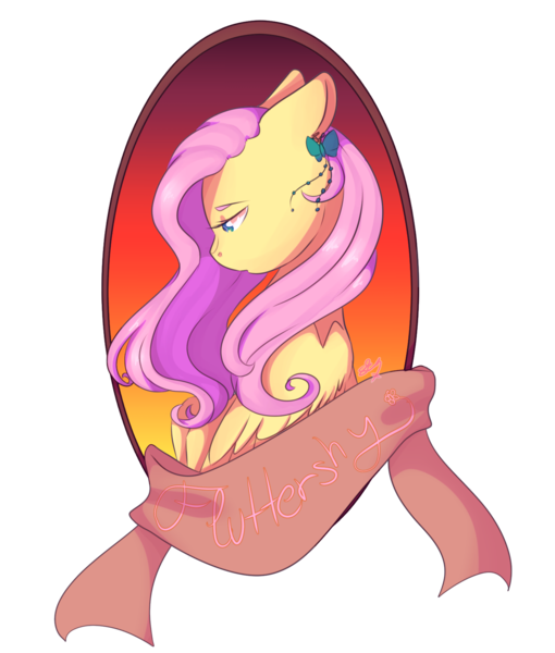 Size: 1652x1944 | Tagged: safe, artist:bluestarbubbles, artist:dreamcatcher, artist:dreamcatcher-doodles, derpibooru import, fluttershy, pegasus, pony, banner, bow, bust, female, floppy ears, hair bow, lidded eyes, looking down, mare, portrait, profile, simple background, solo, transparent background