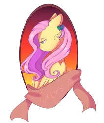 Size: 1652x1944 | Tagged: safe, artist:bluestarbubbles, artist:dreamcatcher, artist:dreamcatcher-doodles, derpibooru import, fluttershy, pegasus, pony, banner, bow, bust, female, floppy ears, hair bow, lidded eyes, looking down, mare, portrait, profile, simple background, solo, transparent background