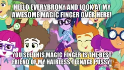 Size: 800x450 | Tagged: suggestive, derpibooru import, edit, edited screencap, screencap, gallop j. fry, guy grove, lily longsocks, little red, sandalwood, sci-twi, super funk, twilight sparkle, butterfly, equestria girls, equestria girls series, street magic with trixie, spoiler:eqg series (season 2), background human, beanie, bow, bowtie, burger, caption, cheering, clothes, cutie mark, cutie mark clothes, ear piercing, earring, exclamation point, exploitable meme, female, food, glasses, grin, hand on hip, happy, hat, implied masturbation, implied sex, jewelry, juice, juice box, legs, lidded eyes, looking at you, magic, male, man, meme, memegenerator, mobile phone, open mouth, outdoors, phone, piercing, pins, ponytail, recycling, shirt, shitposting, skirt, smartphone, smiling, smug, smuglight sparkle, standing, stars, street, sweater, symbol, t-shirt, teeth, telekinesis, text, text edit, vest, wall of tags, wat, woman