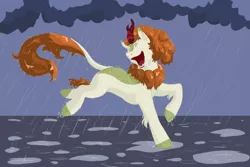 Size: 2700x1800 | Tagged: artist:moosetheartist, autumn blaze, derpibooru import, fangs, female, kirin, open mouth, puddles, rain, safe, singing, solo, sounds of silence, teeth, wet, wet mane, wet tail