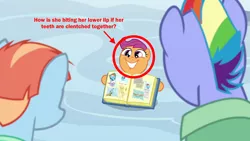 Size: 1280x720 | Tagged: safe, derpibooru import, edit, edited screencap, screencap, bow hothoof, rainbow dash, scootaloo, windy whistles, pony, parental glideance, circled, female, filly, foal, fridge logic, lip bite, misspelling, scrapbook, smiling