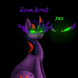 Size: 600x600 | Tagged: safe, artist:sinsays, derpibooru import, part of a set, king sombra, twilight sparkle, pony, unicorn, ask corrupted twilight sparkle, colored horn, corrupted, corrupted twilight sparkle, curved horn, dark, dark equestria, dark magic, dark queen, dark world, dream, duo, duo male and female, ear fluff, horn, implied king sombra, implied shipping, implied straight, looking at each other, magic, male and female, master and student, part of a series, queen twilight, sombra empire, sombra eyes, sombra's horn, teacher and student, tumblr, tyrant sparkle, unicorn twilight