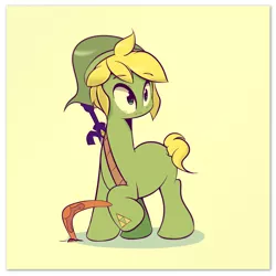 Size: 1280x1280 | Tagged: safe, artist:turtlefarminguy, derpibooru import, ponified, pony, blank flank, blonde, blonde mane, boomerang, crossover, hat, large eyes, link, male, missing cutie mark, raised hoof, simple background, solo, stallion, sword, the legend of zelda, weapon, yellow background