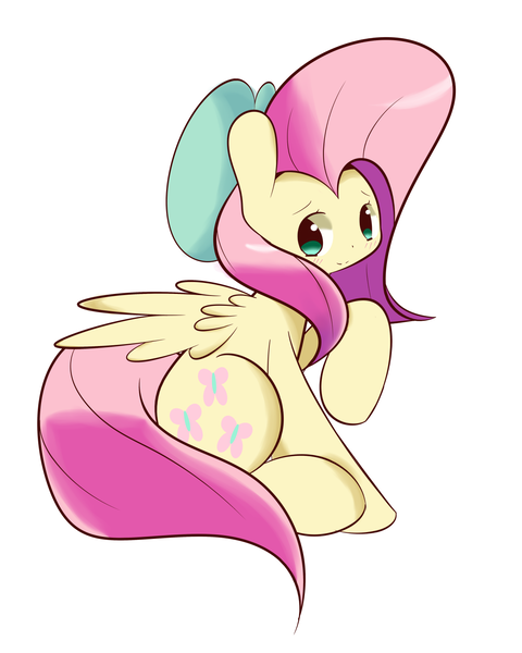 Size: 1280x1600 | Tagged: safe, artist:turtlefarminguy, derpibooru import, fluttershy, pegasus, pony, beret, blushing, bow, clothes, eyebrows, female, hat, looking away, mare, pink mane, pink tail, raised hoof, simple background, sitting, smiling, solo, spread wings, white background, wings, yellow coat