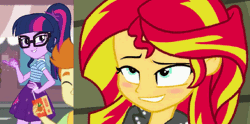 Size: 1012x500 | Tagged: suggestive, derpibooru import, edit, screencap, rainbow dash, sci-twi, sunset shimmer, twilight sparkle, equestria girls, equestria girls series, rainbow rocks, street magic with trixie, spoiler:eqg series (season 2), animated, female, gif, glasses, glowing hands, implied fingering, implied masturbation, implied sex, lesbian, magic, scitwishimmer, shipping, smiling, smirk, sunsetsparkle