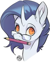 Size: 362x446 | Tagged: safe, artist:kez, derpibooru import, pony, unicorn, bust, glasses, horn, mouth hold, nom, pencil, purple, simple background, transparent background