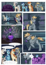 Size: 2700x3780 | Tagged: safe, artist:xjenn9fusion, author:bigonionbean, derpibooru import, carrot top, derpy hooves, golden harvest, mayor mare, minuette, pony, comic:administrative unity, comic:fusing the fusions, broken, comic, commission, commissioner:bigonionbean, derpy doing derpy things, dialogue, dropped, fusion, i just don't know what went wrong, magic, oops my bad, potion, shattered