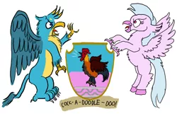 Size: 1400x900 | Tagged: safe, artist:horsesplease, derpibooru import, gallus, silverstream, bird, chicken, classical hippogriff, gryphon, hippogriff, cock-a-doodle-doo, crowing, duo, emblem, female, gallstream, gallus the rooster, heart eyes, heraldry, male, paint tool sai, pun, river, rooster, shipping, silverstream the hen, simple background, straight, stream, supporters, visual pun, wingding eyes