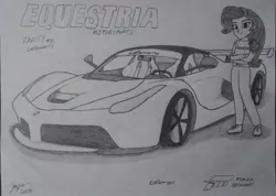Size: 1011x720 | Tagged: safe, artist:forzaveteranenigma, derpibooru import, rarity, fanfic:equestria motorsports, equestria girls, black and white, car, drawing, ferrari, ferrari laferrari, ferrarity, grayscale, hypercar, laferrari, laferrarity, monochrome, pose, racing suit, traditional art