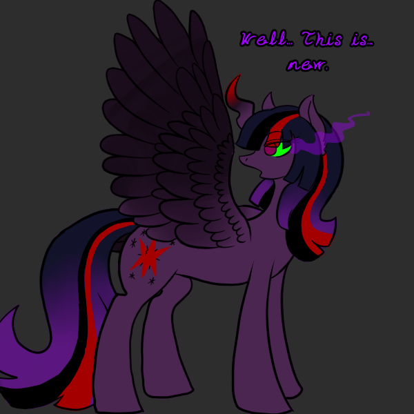 Size: 600x600 | Tagged: safe, artist:sinsays, derpibooru import, part of a set, twilight sparkle, twilight sparkle (alicorn), alicorn, pony, ask corrupted twilight sparkle, color change, colored horn, corrupted, corrupted twilight sparkle, curved horn, dark, dark equestria, dark magic, dark queen, dark world, darkened coat, darkened hair, ear fluff, ethereal mane, female, horn, jagged horn, looking at new wings, magic, part of a series, possessed, queen twilight, solo, sombra empire, sombra eyes, sombra's horn, tumblr, tyrant sparkle