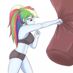 Size: 2952x2952 | Tagged: safe, artist:sumin6301, derpibooru import, rainbow dash, human, equestria girls, boxing, clothes, female, fit, humanized, midriff, ponytail, punching bag, sandbag, simple background, solo, sports, sports bra, sports panties, training, white background