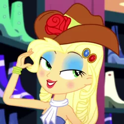 Size: 780x780 | Tagged: safe, derpibooru import, screencap, applejack, eqg summertime shorts, equestria girls, make up shake up, applejewel, bare shoulders, cropped, eyeshadow, fall formal outfits, female, lidded eyes, lipstick, makeup, sleeveless, smiling, solo, strapless, when she smiles