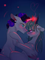 Size: 1200x1600 | Tagged: suggestive, artist:zima, derpibooru import, oc, oc:vynarity, oc:zima, unofficial characters only, pegasus, pony, unicorn, blushing, glowing horn, horn, implied sex, magic, oc x oc, paint tool sai, shipping, simple background, sweat