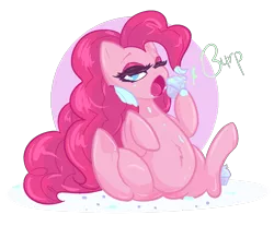 Size: 1763x1463 | Tagged: safe, artist:girlyq, derpibooru import, pinkie pie, earth pony, pony, belly fluff, burp, chubbie pie, chubby, cupcake, fat, food, frosting, lidded eyes, messy eating, one eye closed, open mouth, pudgy pie, solo, underhoof