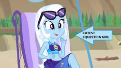 Size: 1280x720 | Tagged: safe, derpibooru import, edit, edited screencap, screencap, trixie, equestria girls, equestria girls series, forgotten friendship, arrow, beach, beach babe, beach chair, belly button, clothes, cute, diatrixes, female, midriff, sarong, solo, sunglasses, swimsuit, trixie is cute