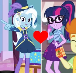 Size: 724x704 | Tagged: safe, derpibooru import, edit, edited screencap, screencap, sci-twi, trixie, twilight sparkle, equestria girls, equestria girls series, street magic with trixie, spoiler:eqg series (season 2), female, lesbian, sci-twixie, shipping, shipping domino, twixie