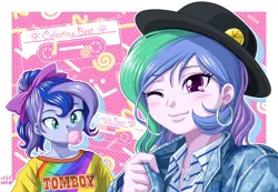 Size: 1200x828 | Tagged: safe, artist:uotapo, derpibooru import, princess celestia, princess luna, equestria girls, bubblegum, cute, duo, ear piercing, earring, food, gum, hat, jewelry, one eye closed, piercing, principal celestia, smiling, tomboy, vice principal luna, wink, younger