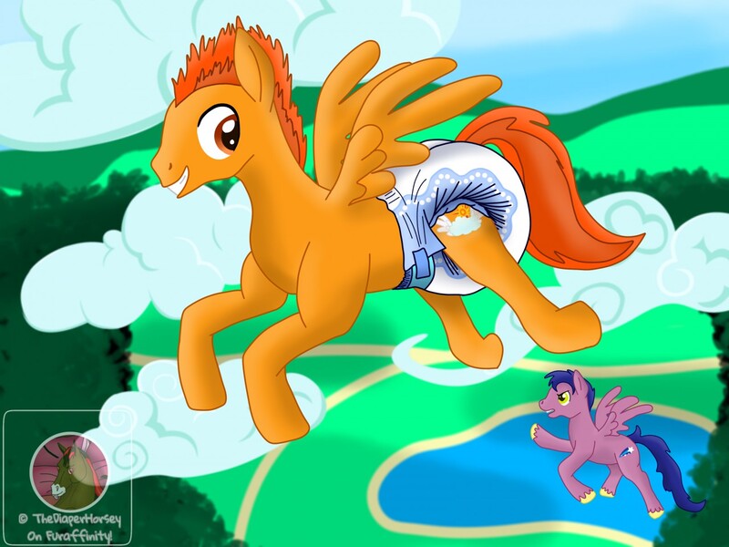 Size: 1280x960 | Tagged: questionable, artist:thediaperhorsey, derpibooru import, oc, oc:hale bopp, oc:sun setter, pegasus, pony, adult foal, diaper, diaper fetish, fetish, male, poofy diaper, stallion