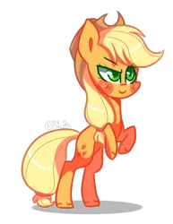 Size: 988x1279 | Tagged: safe, artist:shyshella, derpibooru import, applejack, earth pony, pony, blushing, chibi, colored lineart, cute, digital art, dreamworks face, female, green eyes, hat, looking at something, mare, shadow, signature, simple background, solo, transparent background