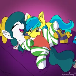 Size: 3000x3000 | Tagged: safe, artist:aurorafang, derpibooru import, oc, oc:arriva, oc:runaway train, pony, backwards ballcap, baseball cap, bed, bedroom, bowtie, cap, clothes, cute, hat, laughing, nuzzling, plushie, raspberry, socks, striped socks, tummy buzz