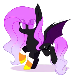 Size: 1697x1713 | Tagged: safe, artist:shyshella, derpibooru import, oc, oc:taffy dusk, unofficial characters only, bat pony, pony, clothes, colored lineart, cute, digital art, female, looking up, mare, pink eyes, pink mane, pink tail, raised hoof, signature, simple background, slit eyes, smiling, socks, solo, transparent background