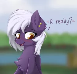 Size: 2200x2104 | Tagged: safe, artist:nighty, derpibooru import, oc, oc:nighty cloud, unofficial characters only, pegasus, pony, blurred background, blushing, chest fluff, colored pupils, cute, ear fluff, ear piercing, female, piercing, smiling, solo, text, wings