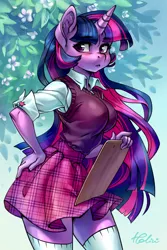 Size: 1378x2067 | Tagged: safe, artist:holivi, derpibooru import, twilight sparkle, anthro, unicorn, :3, :<, adorasexy, adorkable, anime style, beautiful, big breasts, blouse, blurred background, blushing, breasts, busty twilight sparkle, clipboard, clothes, curvy, cute, cutie mark, cutie mark on clothes, dork, ear fluff, eyelashes, female, flower, hand on hip, horn, long hair, long nails, looking at you, mare, miniskirt, moe, nails, plaid skirt, pose, rolled up sleeves, school uniform, schoolgirl, sexy, shirt, signature, skirt, smiling, socks, solo, standing, stockings, sweater vest, thigh highs, thighs, tight clothing, twiabetes, unicorn twilight, unmoving plaid, zettai ryouiki