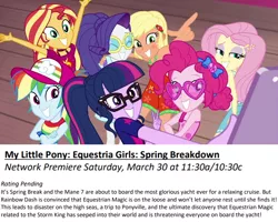 Size: 1350x1080 | Tagged: safe, derpibooru import, screencap, applejack, fluttershy, pinkie pie, rainbow dash, rarity, sci-twi, sunset shimmer, twilight sparkle, equestria girls, equestria girls series, i'm on a yacht, spring breakdown, spoiler:eqg series (season 2), alternate hairstyle, blushing, geode of fauna, geode of sugar bombs, geode of super speed, geode of super strength, group, hat, humane five, humane seven, humane six, magical geodes, mobile phone, peace sign, phone, pose, selfie, shipping fuel, sleeveless, smartphone, sunburn, sunglasses, synopsis, tanned