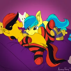 Size: 3000x3000 | Tagged: safe, artist:aurorafang, derpibooru import, oc, oc:runaway train, oc:southern belle, pony, bed, bedroom, clothes, cute, nuzzling, plushie, raspberry, socks, striped socks, tummy buzz