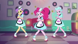 Size: 1280x720 | Tagged: safe, derpibooru import, screencap, pinkie pie, sunny sugarsocks, tip top, coinky-dink world, eqg summertime shorts, equestria girls, apron, clothes, cute, diner, doo wop, server pinkie pie, waitress