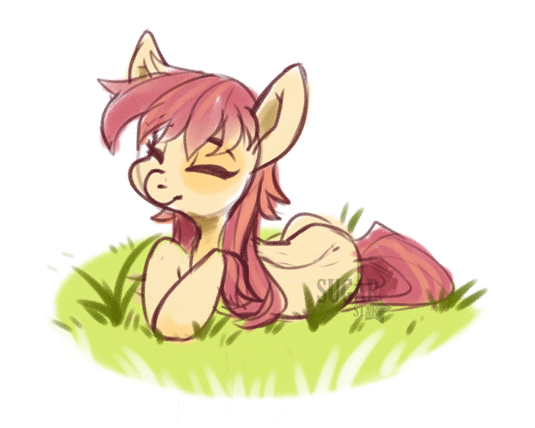 Size: 2440x1952 | Tagged: safe, artist:sugarstar, derpibooru import, oc, unofficial characters only, earth pony, pony, eyes closed, female, grass, lying, mare, simple background, sketch, smiling, solo