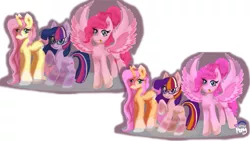 Size: 1024x576 | Tagged: safe, artist:zsnowfilez, derpibooru import, fluttershy, pinkie pie, twilight sparkle, earth pony, pegasus, pony, unicorn, leak, spoiler:g5, alternate design, earth pony twilight, fluttershy (g5), g5, pegasus pinkie pie, pinkie pie (g5), race swap, twilight sparkle (g5), unicorn fluttershy